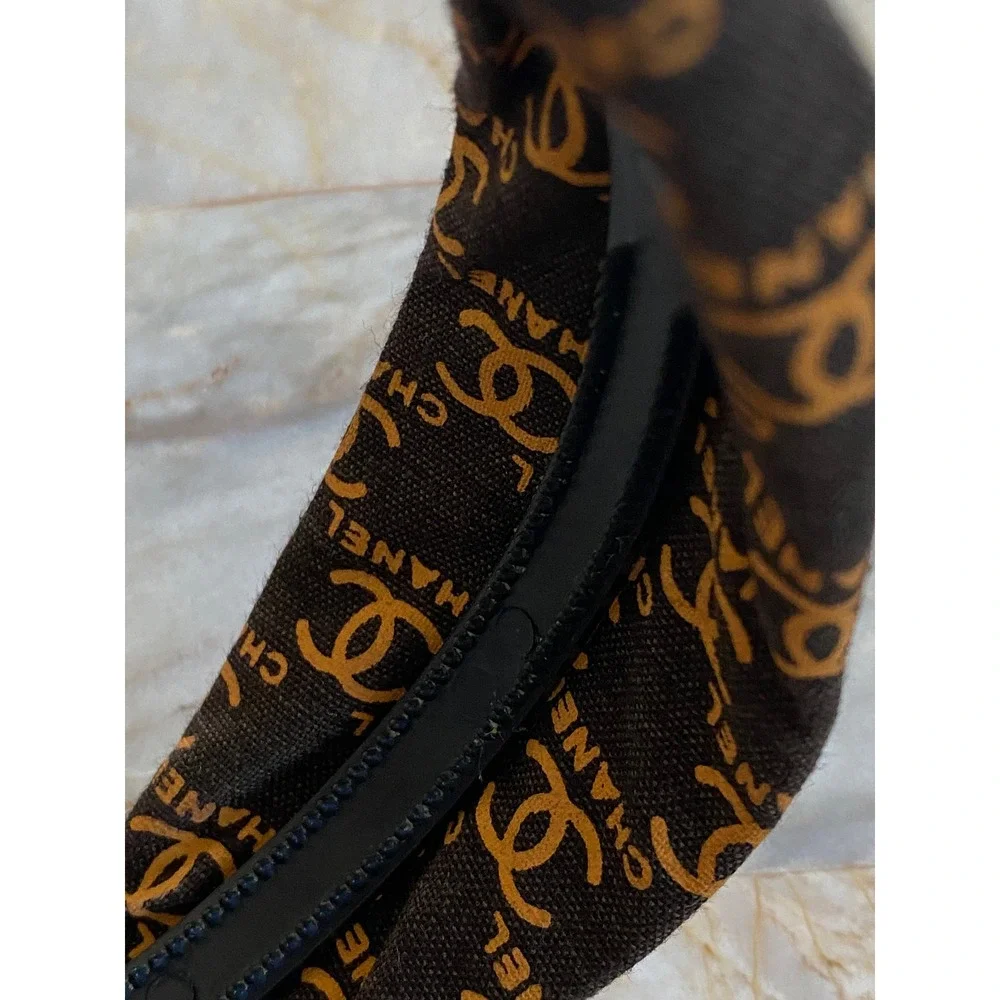 Brown Canvas Logo Print Knotted Headband Gold Tone Motif Accessory